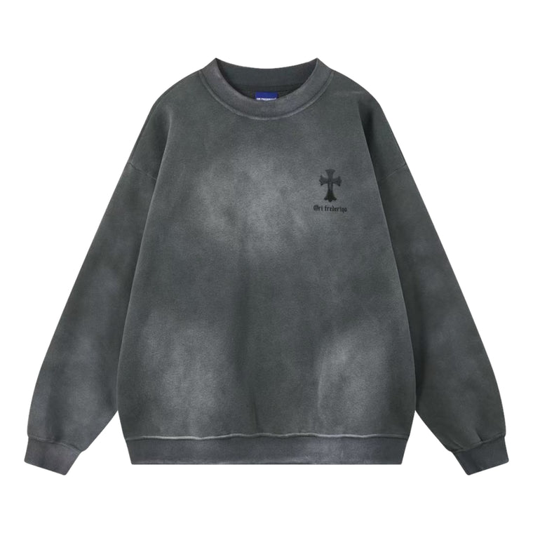 ORI FREDERIQO WASHED PRINT FLEECE CREWNECK SWEATSHIRT-DARK GREY