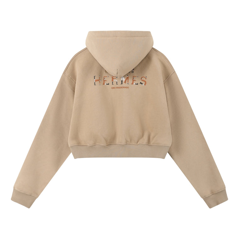 ORI FREDERIQO WOMEN PRINTED HOODED ZIP-UP JACKET-KHAKI