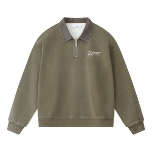 ESPRIT WASH EFFECT HALF ZIP COLLARED SWEATSHIRT-ARMY GREEN