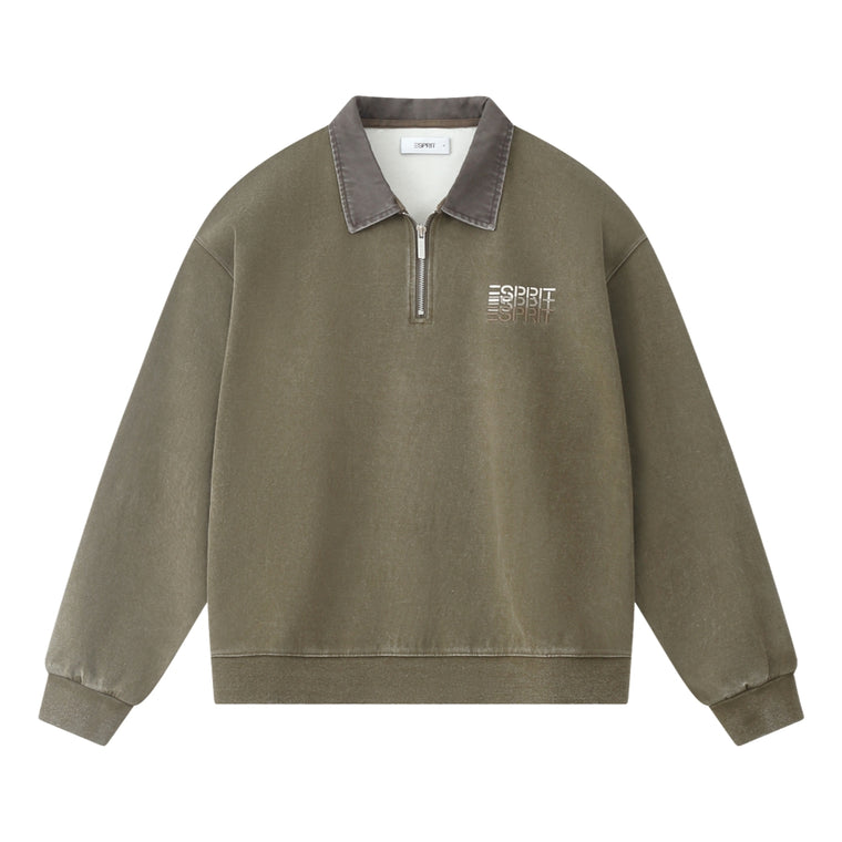 ESPRIT WASH EFFECT HALF ZIP COLLARED SWEATSHIRT-ARMY GREEN