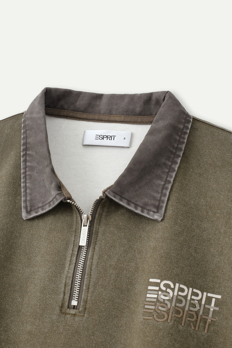 ESPRIT WASH EFFECT HALF ZIP COLLARED SWEATSHIRT-ARMY GREEN