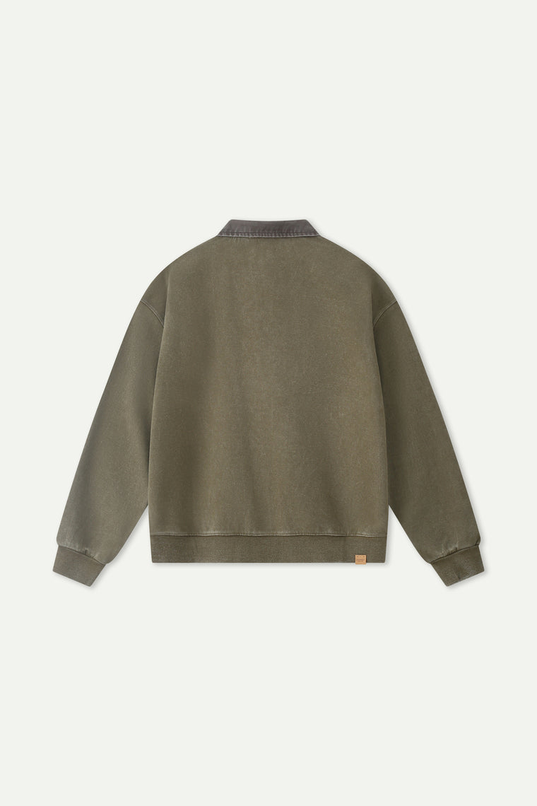 ESPRIT WASH EFFECT HALF ZIP COLLARED SWEATSHIRT-ARMY GREEN