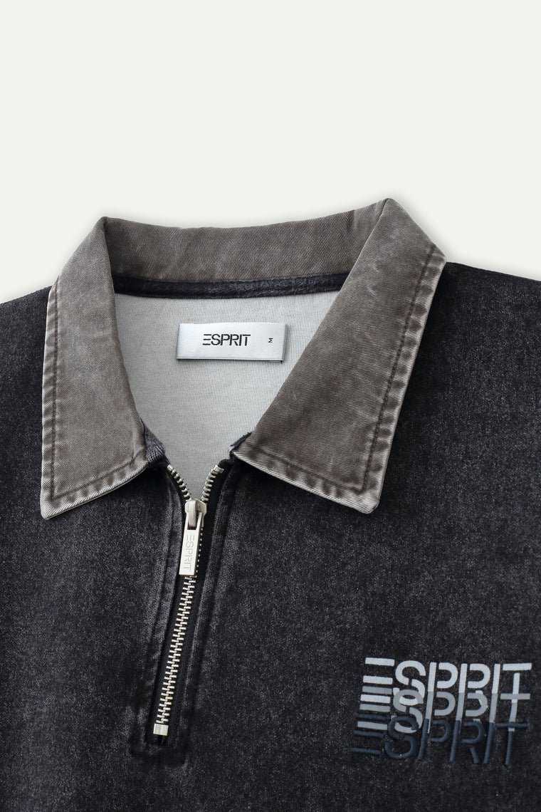 ESPRIT WASH EFFECT HALF ZIP COLLARED SWEATSHIRT-BLACK