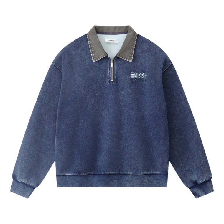 ESPRIT WASH EFFECT HALF ZIP COLLARED SWEATSHIRT-BLUE