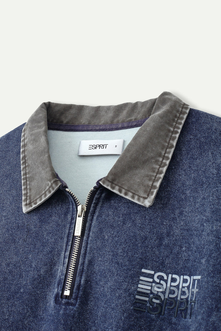 ESPRIT WASH EFFECT HALF ZIP COLLARED SWEATSHIRT-BLUE