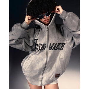 ROSEMAESE WASHED SCRIPT ZIP HOODIE-GREY