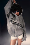 ROSEMAESE WASHED SCRIPT ZIP HOODIE-GREY