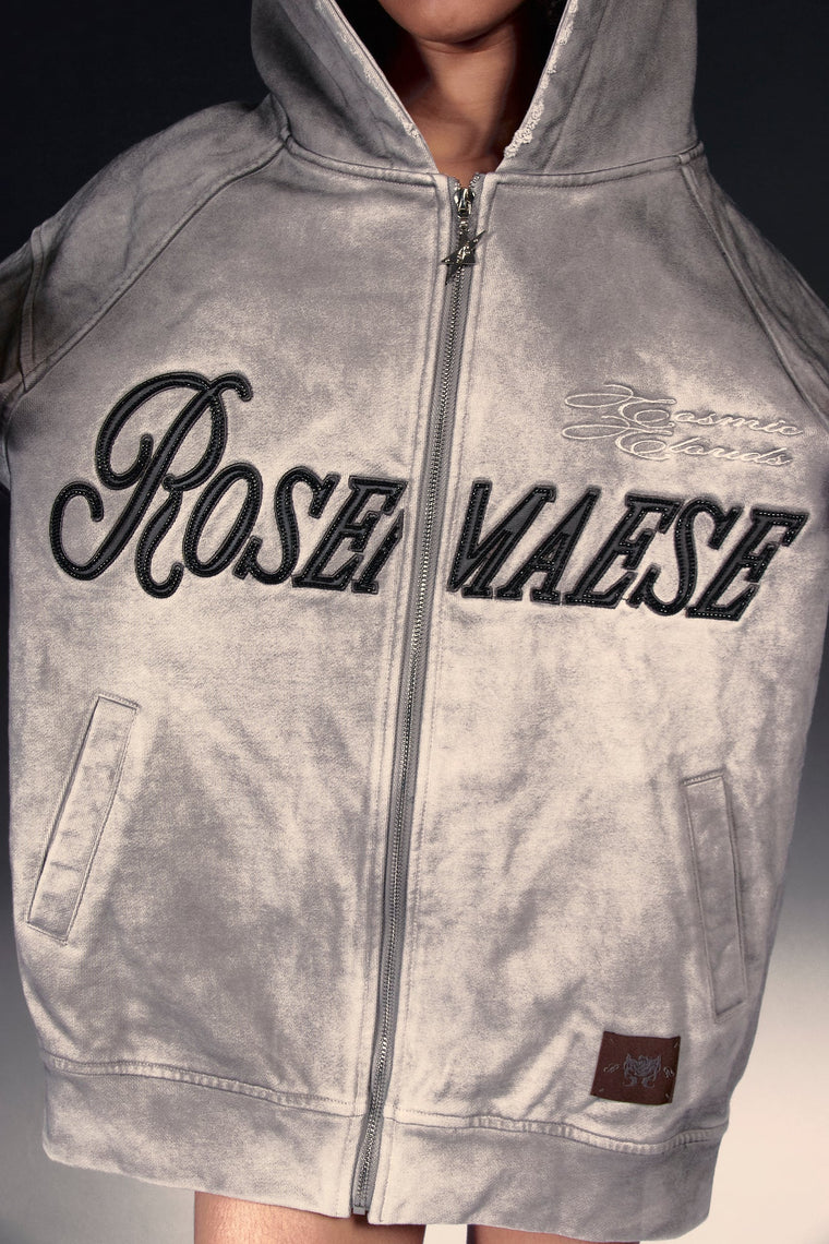 ROSEMAESE WASHED SCRIPT ZIP HOODIE-GREY