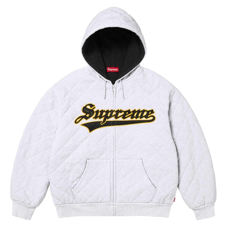 SUPREME QUILTED ZIP UP HOODED SWEATSHIRT-ASH GREY