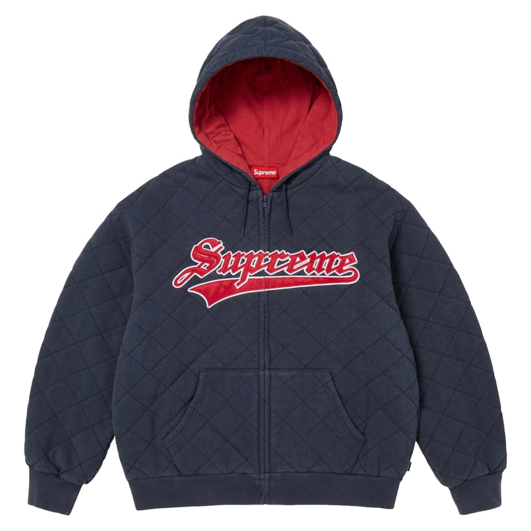 SUPREME QUILTED ZIP UP HOODED SWEATSHIRT-NAVY