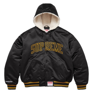 SUPREME MITCHELL & NESS® LINED HOODED SATIN VARSITY JACKET-BLACK