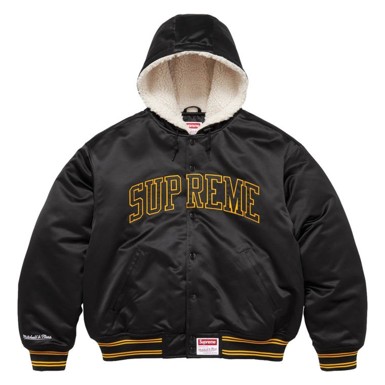 SUPREME MITCHELL & NESS® LINED HOODED SATIN VARSITY JACKET-BLACK