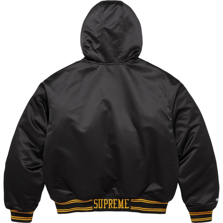 SUPREME MITCHELL & NESS® LINED HOODED SATIN VARSITY JACKET-BLACK
