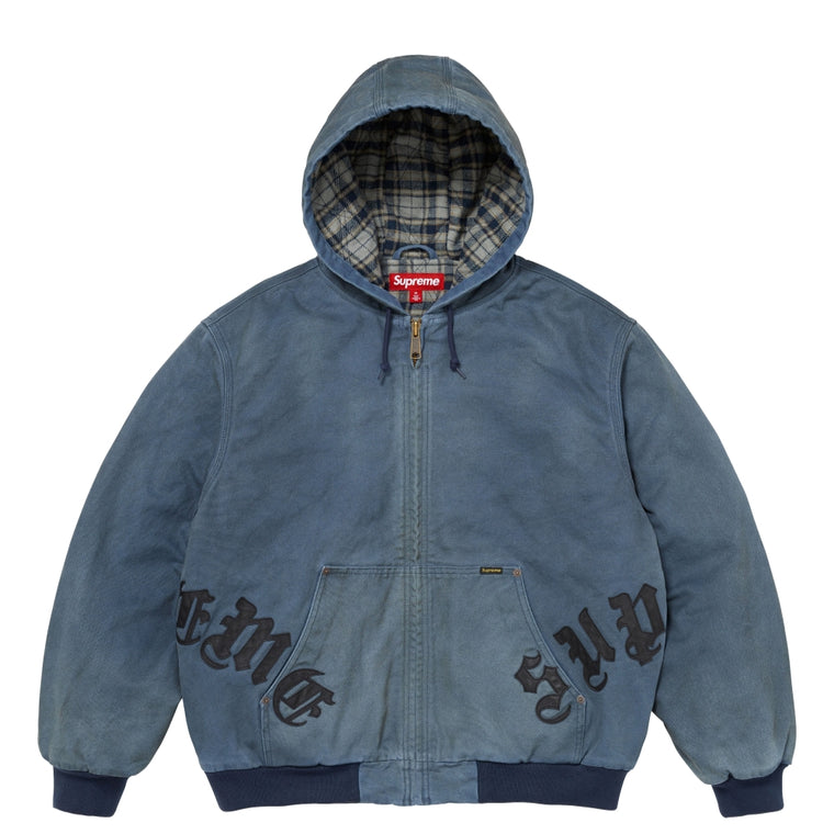 SUPREME LEATHER APPLIQUE HOODED WORK JACKET-BLUE
