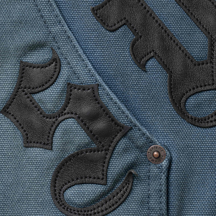 SUPREME LEATHER APPLIQUE HOODED WORK JACKET-BLUE