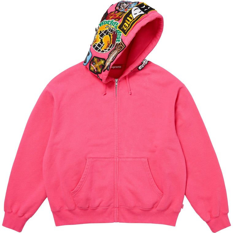 SUPREME PATCHES ZIP UP HOODED SWEATSHIRT-PINK