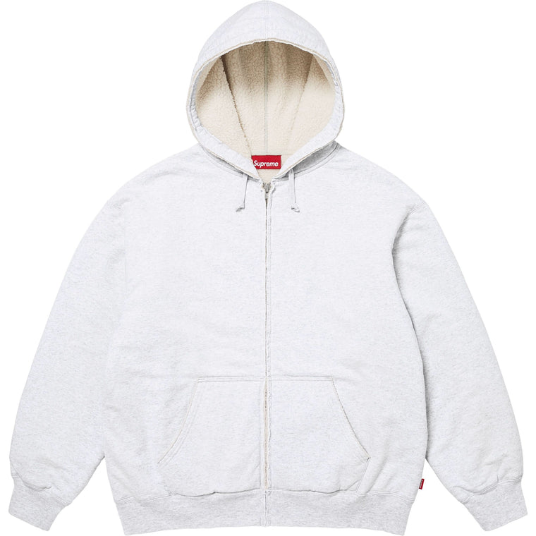 SUPREME SHEARLING LINED ZIP UP HOODED SWEATSHIRT-ASH GREY