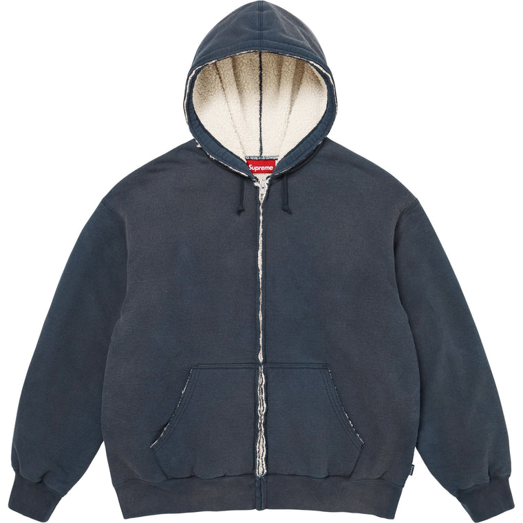 SUPREME SHEARLING LINED ZIP UP HOODED SWEATSHIRT-NAVY
