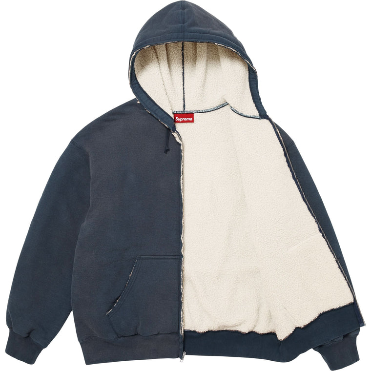SUPREME SHEARLING LINED ZIP UP HOODED SWEATSHIRT-NAVY