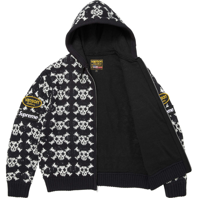 SUPREME VANSON LEATHERS SKULL ZIP UP HOODED SWEATER-BLACK