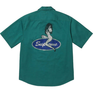 SUPREME RHINESTONE PIN UP S/S WORK SHIRT-WORK GREEN