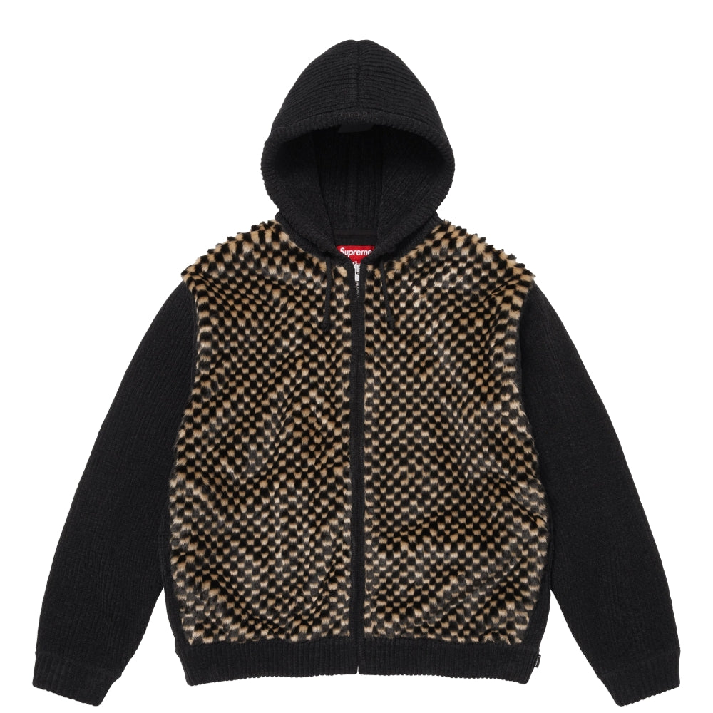 SUPREME CHECKERBOARD FAUX FUR ZIP UP HOODED SWEATER-BLACK