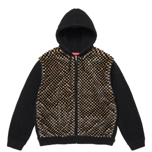 SUPREME CHECKERBOARD FAUX FUR ZIP UP HOODED SWEATER-BLACK