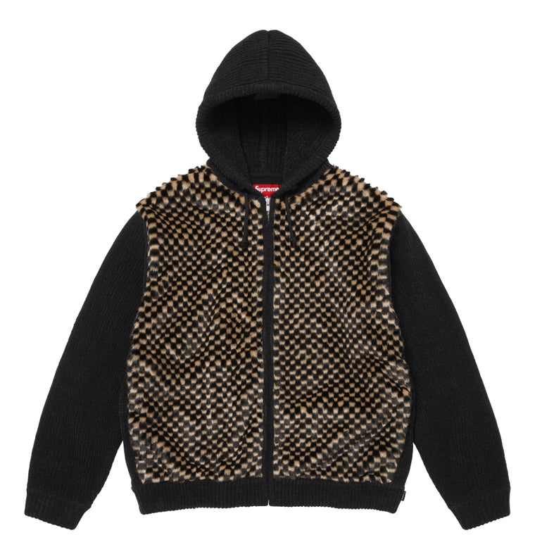 SUPREME CHECKERBOARD FAUX FUR ZIP UP HOODED SWEATER-BLACK