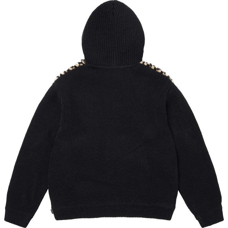 SUPREME CHECKERBOARD FAUX FUR ZIP UP HOODED SWEATER-BLACK