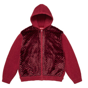 SUPREME CHECKERBOARD FAUX FUR ZIP UP HOODED SWEATER-RED