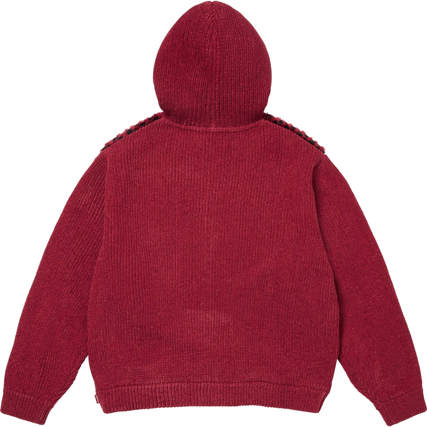 SUPREME CHECKERBOARD FAUX FUR ZIP UP HOODED SWEATER-RED