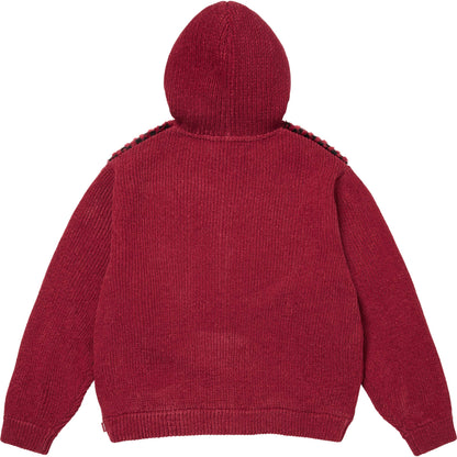 SUPREME CHECKERBOARD FAUX FUR ZIP UP HOODED SWEATER-RED