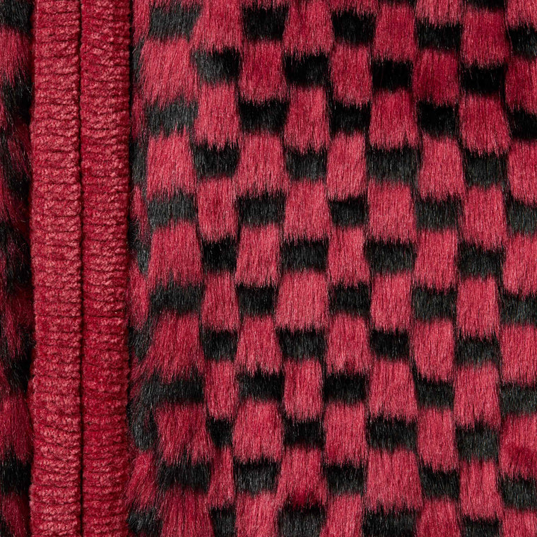 SUPREME CHECKERBOARD FAUX FUR ZIP UP HOODED SWEATER-RED