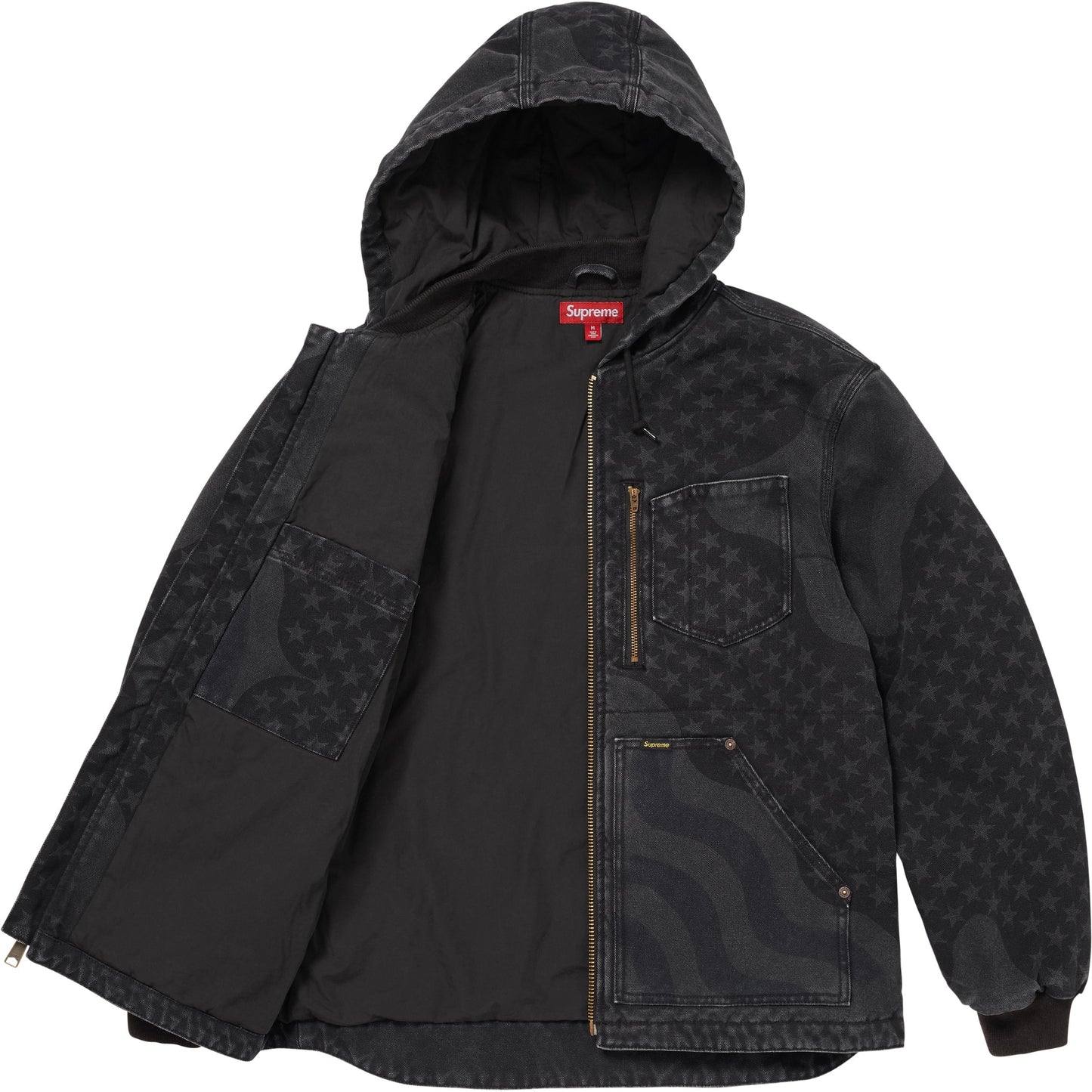SUPREME FLAG QUILTED HOODED WORK JACKET-BLACK
