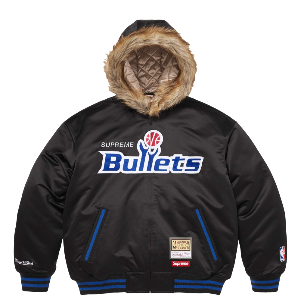 SUPREME MITCHELL & NESS® TEAMS HOODED SATIN VARSITY JACKET-BLACK