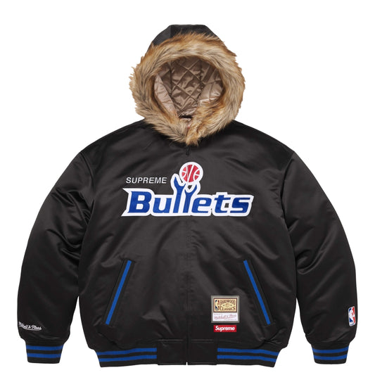 SUPREME MITCHELL & NESS® TEAMS HOODED SATIN VARSITY JACKET-BLACK