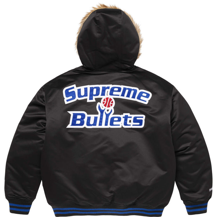 SUPREME MITCHELL & NESS® TEAMS HOODED SATIN VARSITY JACKET-BLACK