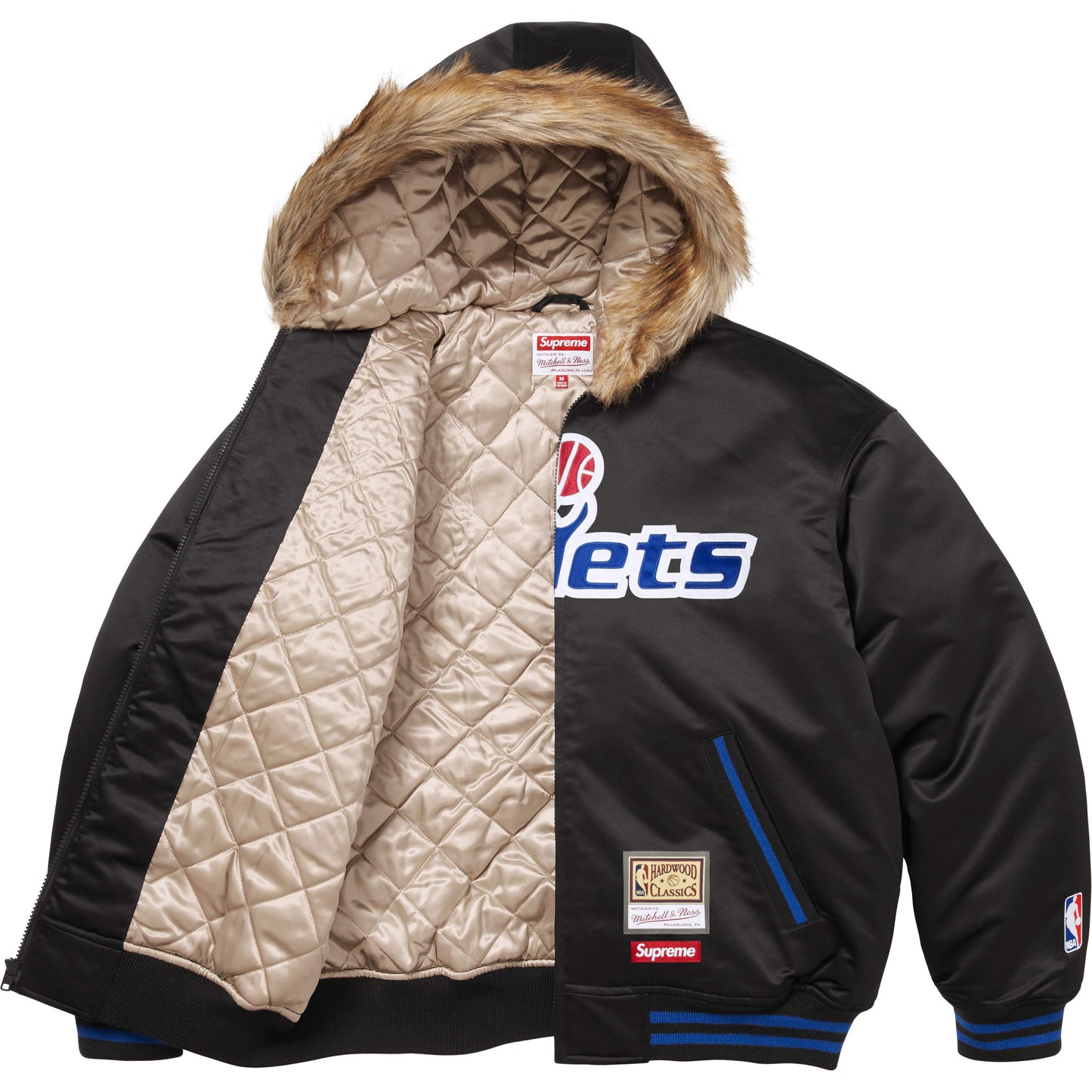 SUPREME MITCHELL & NESS® TEAMS HOODED SATIN VARSITY JACKET-BLACK