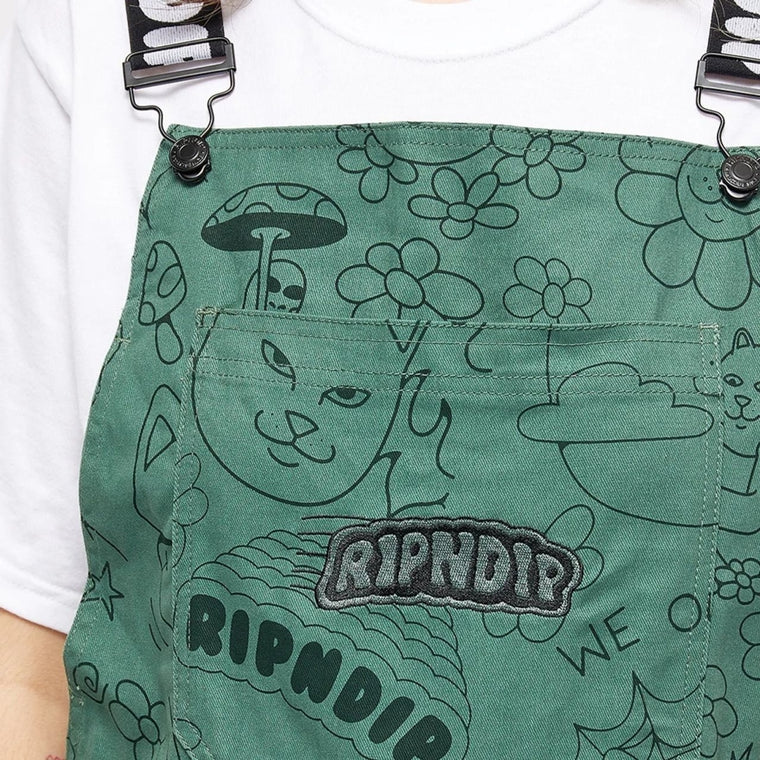 RIPNDIP SCRIBBLE COTTON TWILL OVERALLS-FOREST GREEN